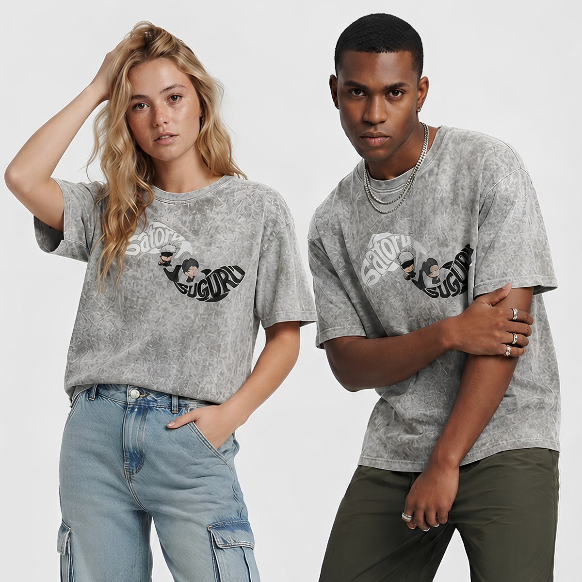Grey garment dyed anime tee with Gojo x Geto print - Dripzy streetwear