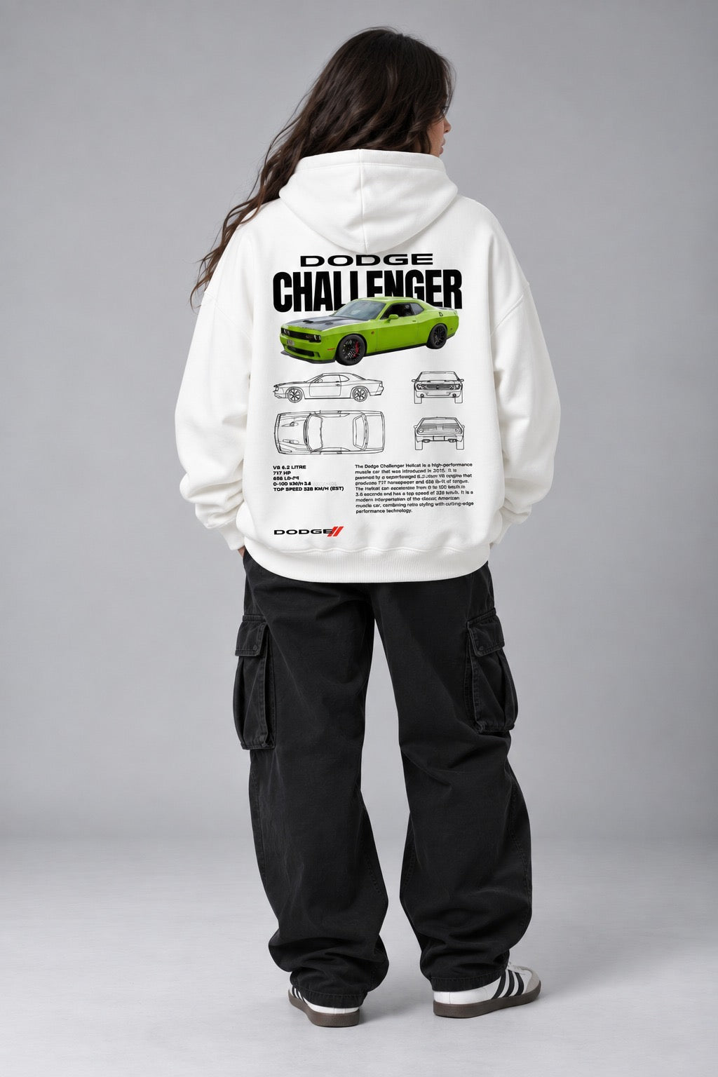 White Dodge Challenger graphic hoodie by Dripzy - 300 GSM oversized fleece