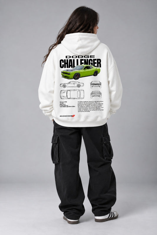 White Dodge Challenger graphic hoodie by Dripzy - 300 GSM oversized fleece