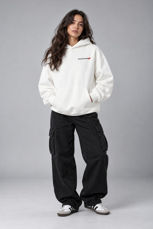 Dripzy Dodge Challenger oversized hoodie white - car graphic streetwear Pakistan