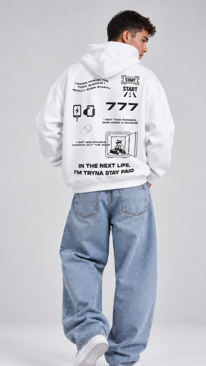 777 Money In The Grave Oversized Hoodie White - back icon print