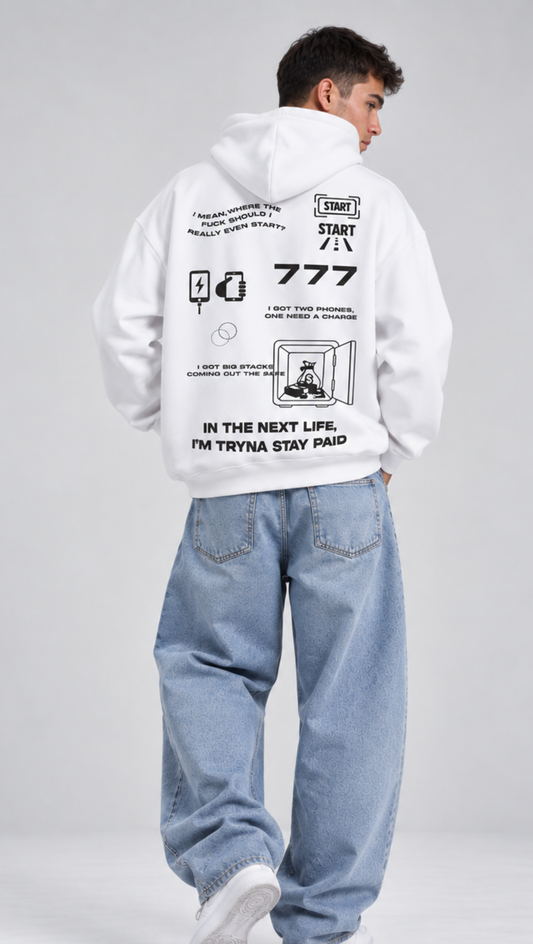 777 Money In The Grave Oversized Hoodie White - back icon print