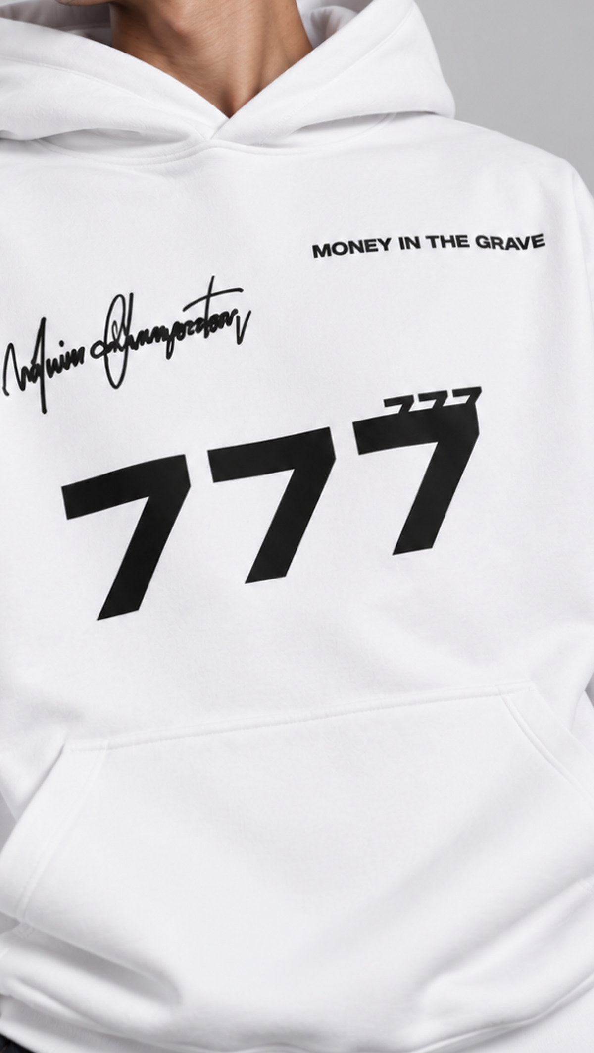 777 Money In The Grave Oversized Hoodie White - closeup 777 detail