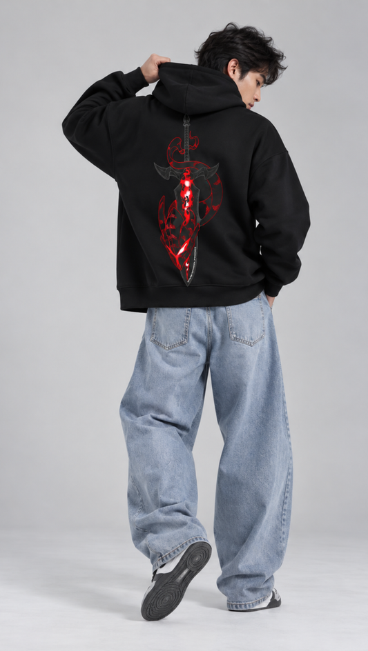 Crimson Dagger Oversized Hoodie Black - back dagger graphic