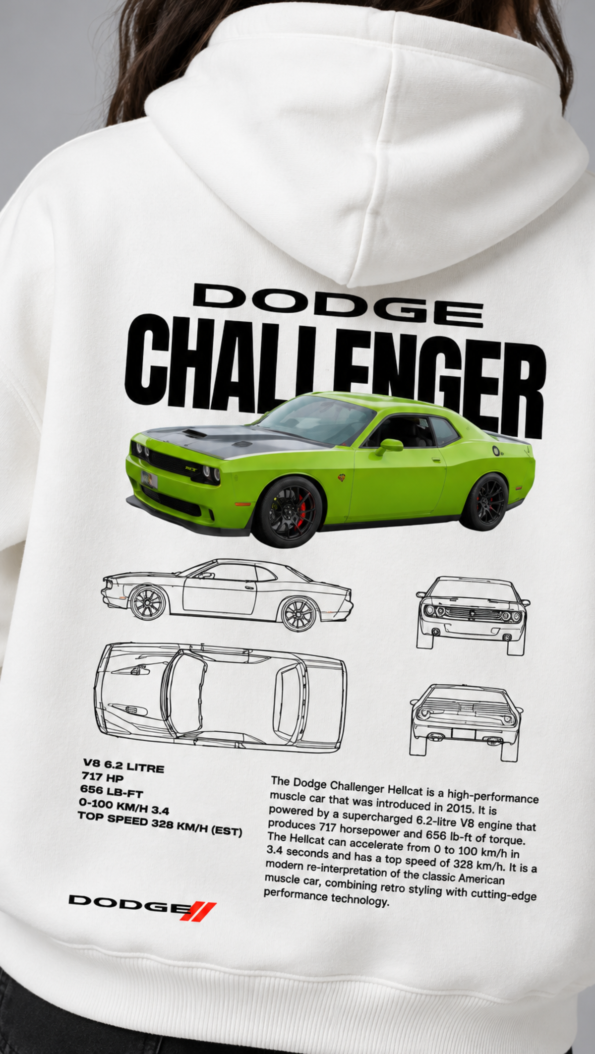 Dodge Challenger Blueprint Oversized Hoodie White - back Hellcat blueprint print