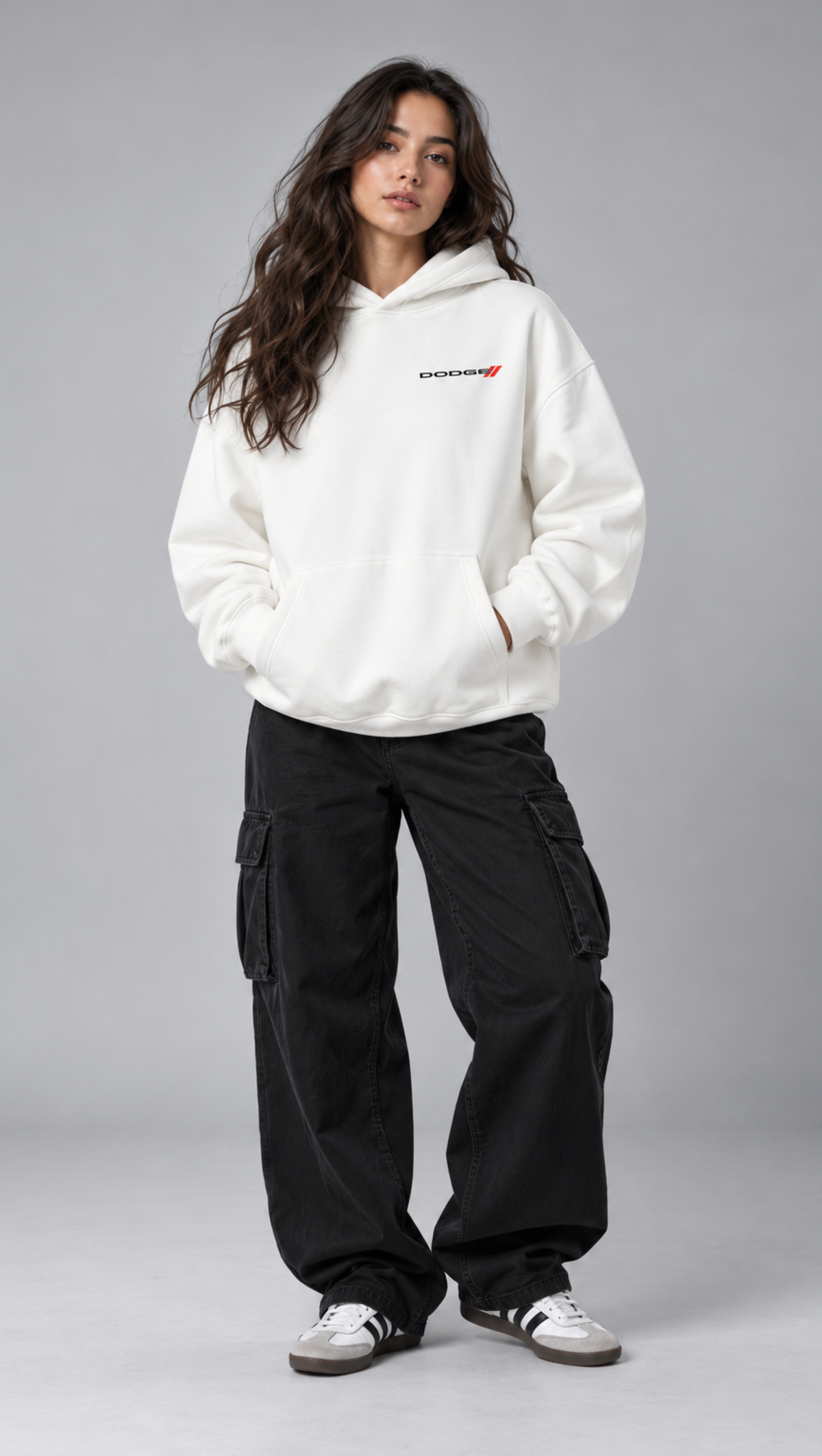 Dodge Challenger Blueprint Oversized Hoodie White - front Dodge logo
