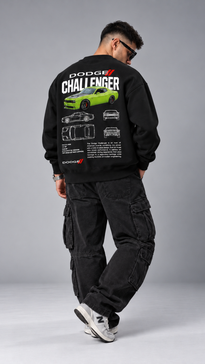 Dodge Challenger Blueprint Oversized Sweatshirt Black - back Challenger print