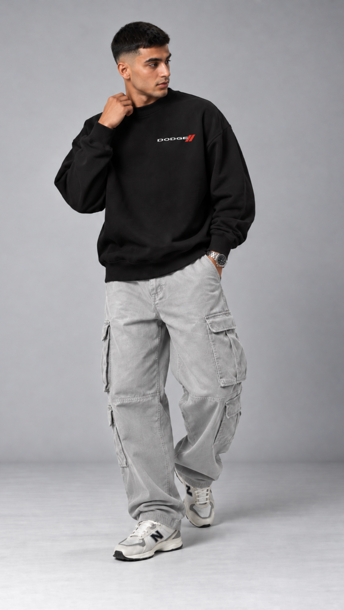 Dodge Challenger Blueprint Oversized Sweatshirt Black - front logo