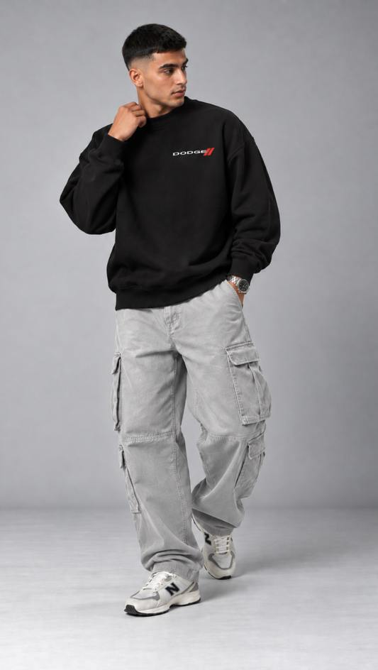 Dodge Challenger Blueprint Oversized Sweatshirt Black - front logo