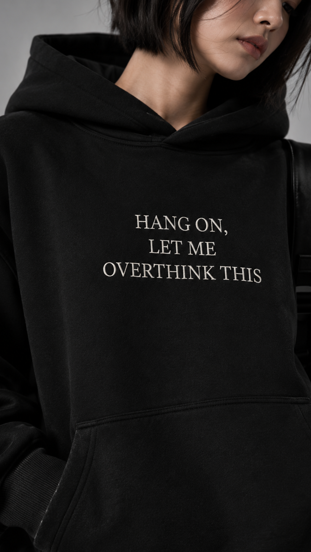 Hang On Let Me Overthink This Oversized Hoodie Black - closeup text detail