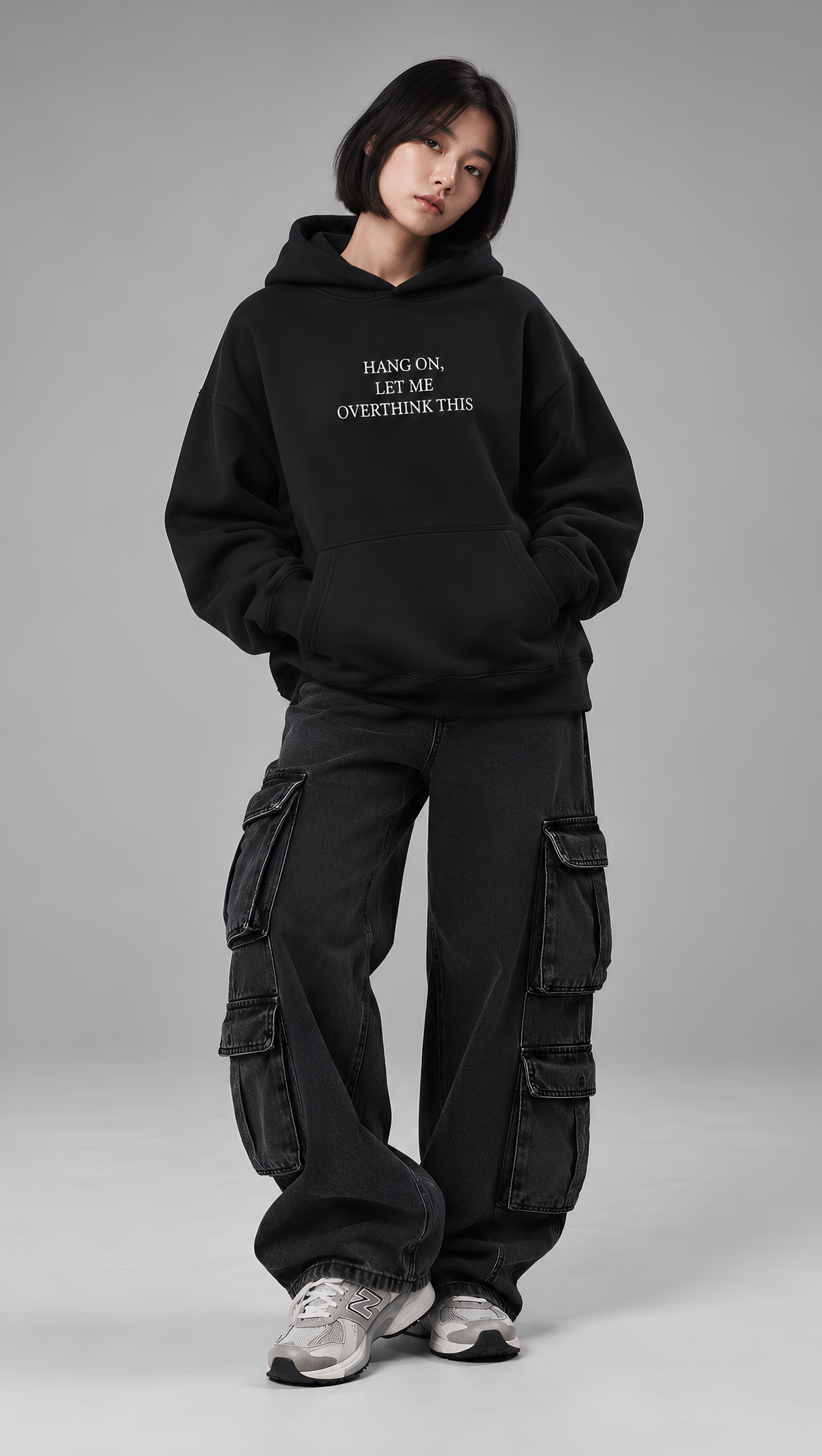 Hang On Let Me Overthink This Oversized Hoodie Black - front embroidered text