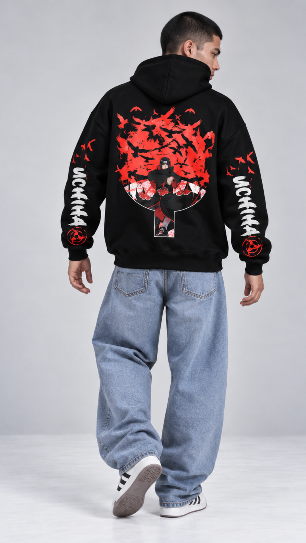 Itachi Uchiha Naruto Oversized Hoodie Black - back crow storm graphic