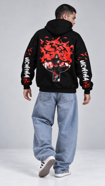 Itachi Uchiha Naruto Oversized Hoodie Black - back crow storm graphic