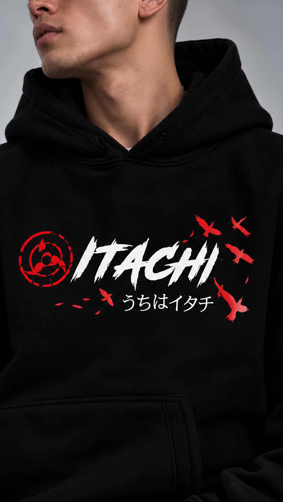 Itachi Uchiha Naruto Oversized Hoodie Black - front closeup logo