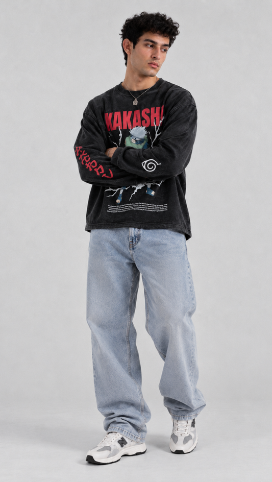 Kakashi Naruto Washed Oversized Sweatshirt Black - front graphic angle 1