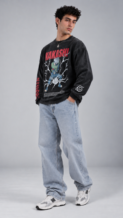 Kakashi Naruto Washed Oversized Sweatshirt Black - front graphic angle 2