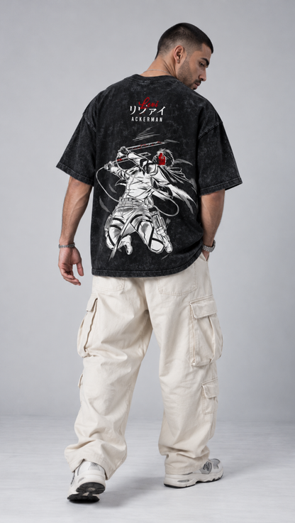 Levi Ackerman Attack on Titan Washed Oversized Tee Black - back action graphic