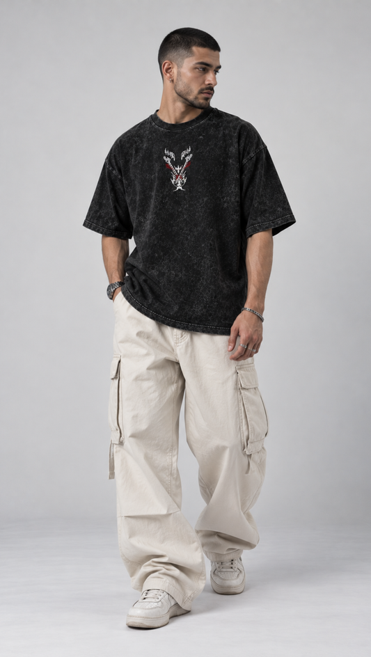 Levi Ackerman Attack on Titan Washed Oversized Tee Black - front wings emblem