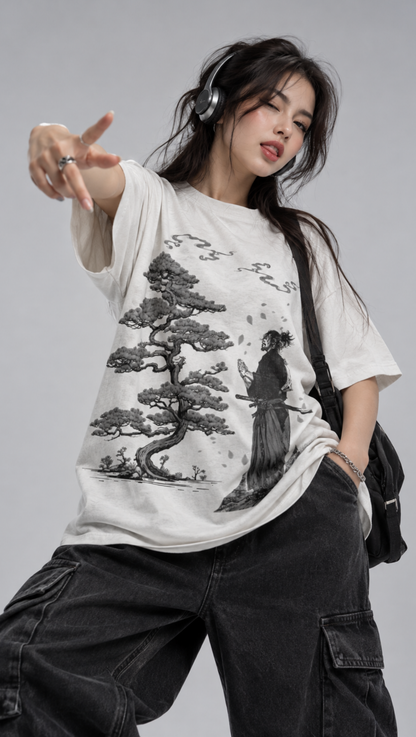 Samurai Bonsai Oversized Tee Off-White - front graphic angle 1