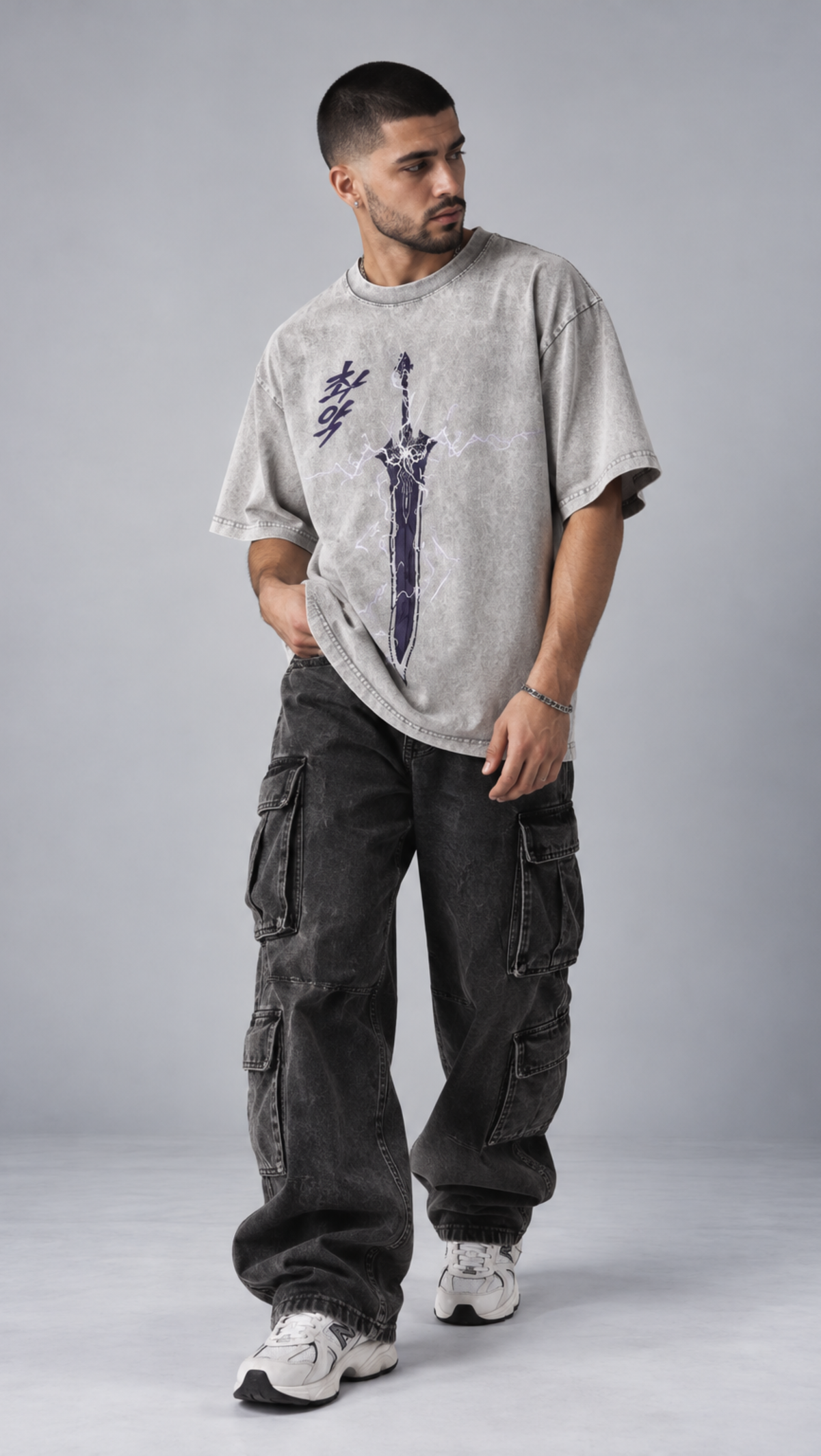 Solo Leveling Arise Washed Oversized Tee Grey - front sword graphic