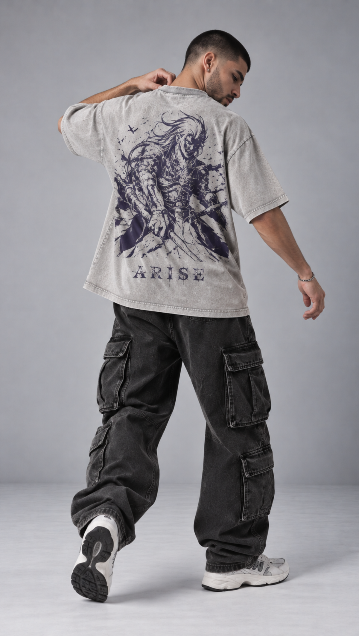 Solo Leveling Arise Washed Oversized Tee Grey - back warrior Arise print