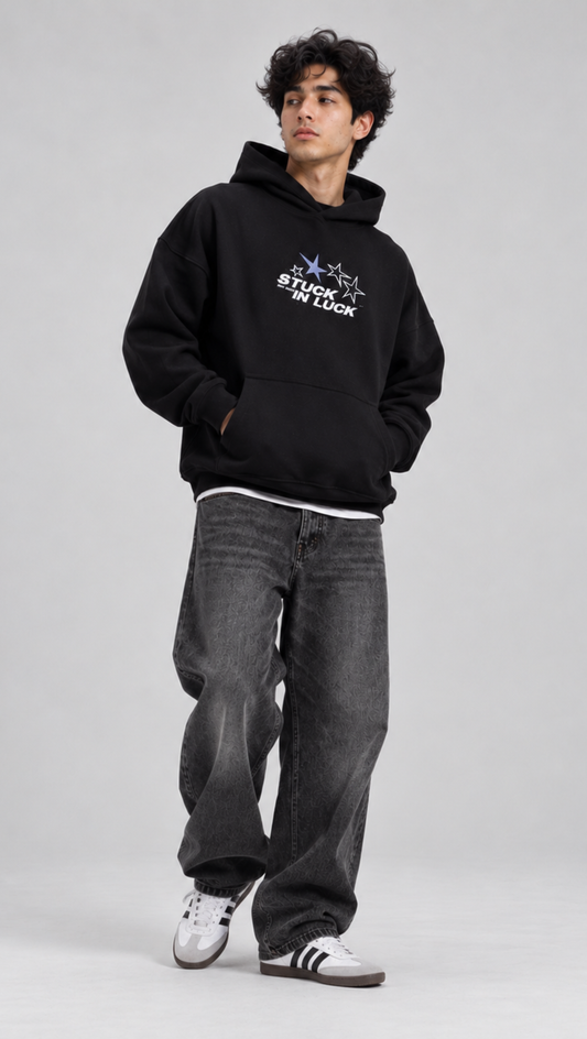 Stuck In Luck Oversized Hoodie Black - front star logo