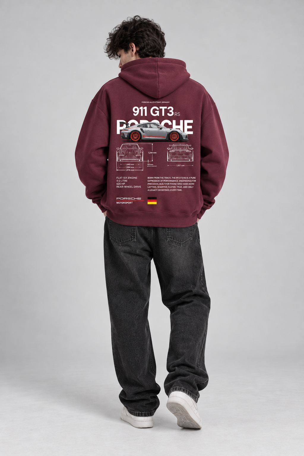 Maroon Porsche graphic oversized hoodie by Dripzy - 300 GSM fleece relaxed fit