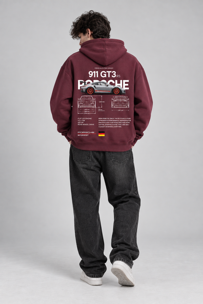 Maroon Porsche graphic oversized hoodie by Dripzy - 300 GSM fleece relaxed fit