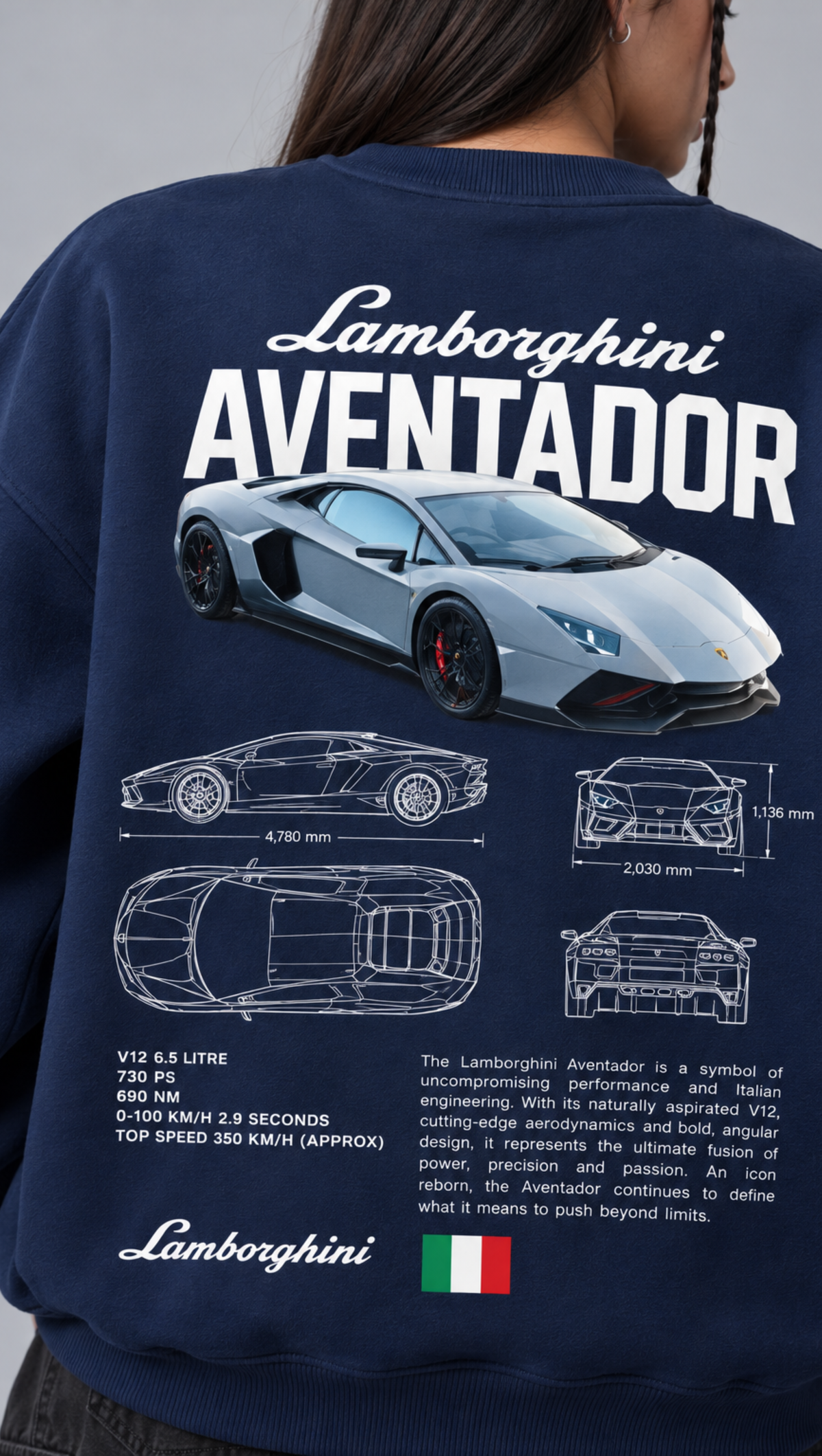 Lamborghini Aventador Blueprint Oversized Sweatshirt Navy - back blueprint print detail