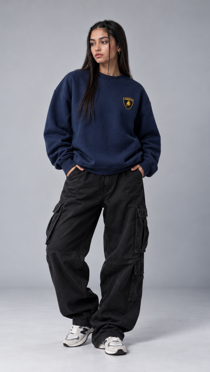 Lamborghini Aventador Blueprint Oversized Sweatshirt Navy - front chest logo