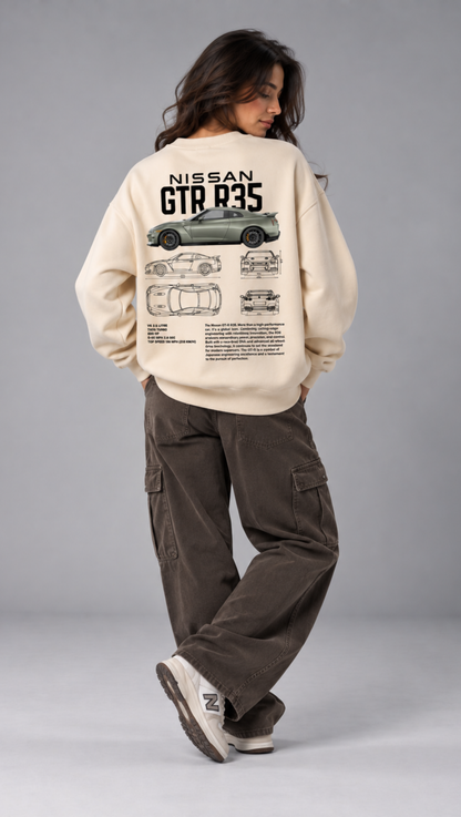 Nissan GT-R R35 Blueprint Oversized Sweatshirt - back car blueprint print