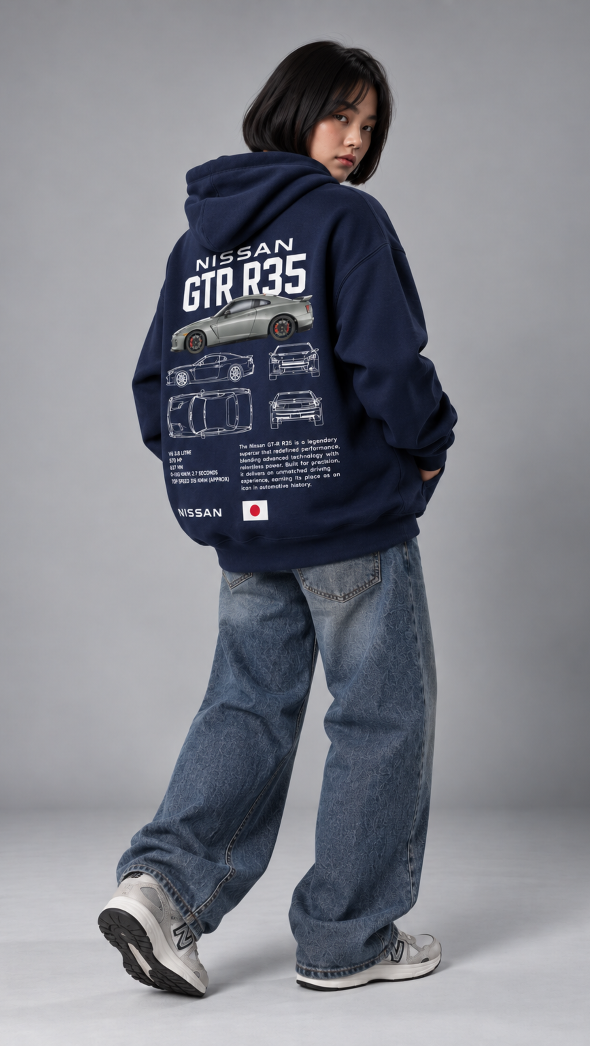 Nissan GT-R R35 Blueprint Oversized Hoodie Navy - back blueprint print