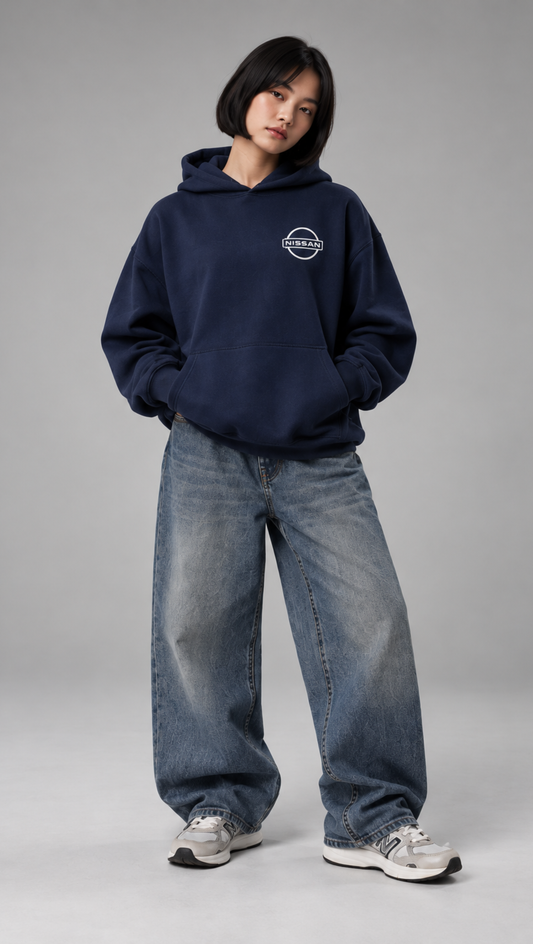 Nissan GT-R R35 Blueprint Oversized Hoodie Navy - front logo