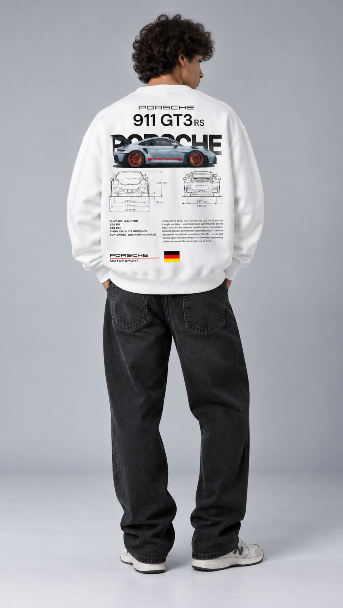 Porsche 911 GT3 RS Blueprint Oversized Sweatshirt White - back graphic