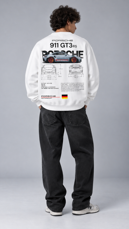 Porsche 911 GT3 RS Blueprint Oversized Sweatshirt White - back graphic