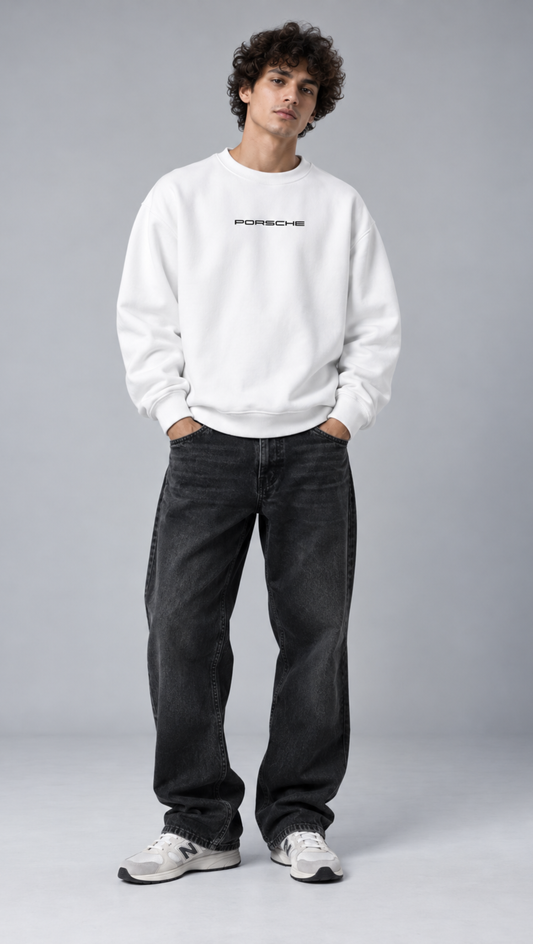 Porsche 911 GT3 RS Blueprint Oversized Sweatshirt White - front Porsche wordmark