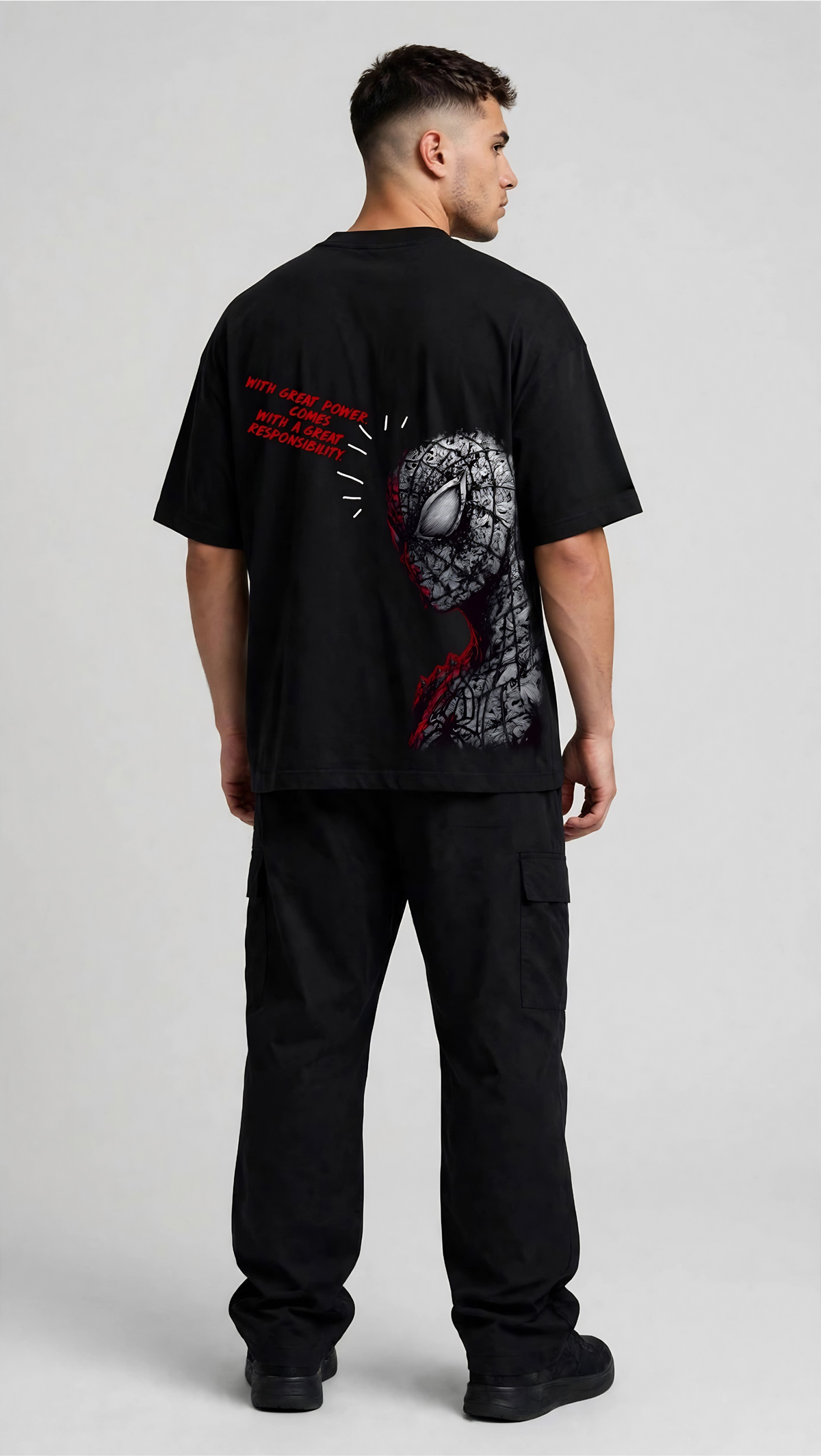Web Warrior Split-Print Oversized Tee - back great power print