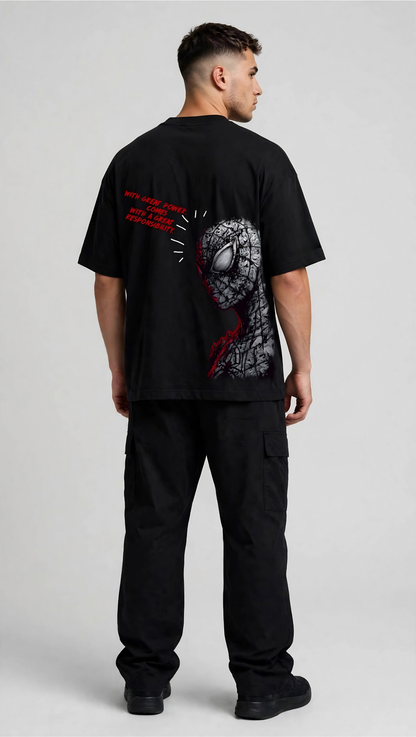 Web Warrior Split-Print Oversized Tee - back great power print
