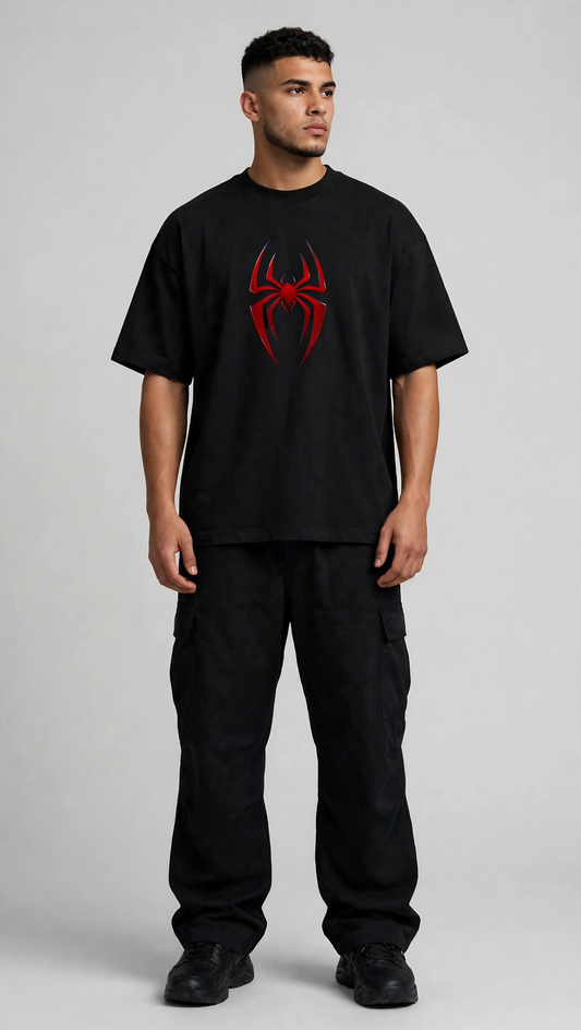 Web Warrior Split-Print Oversized Tee - front spider logo